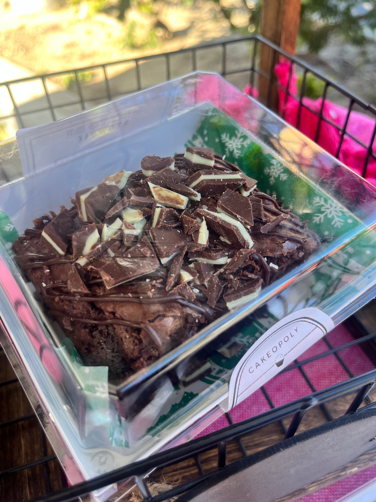 Mint To Be brownie covered in chocolate fudge and peppermint patties.