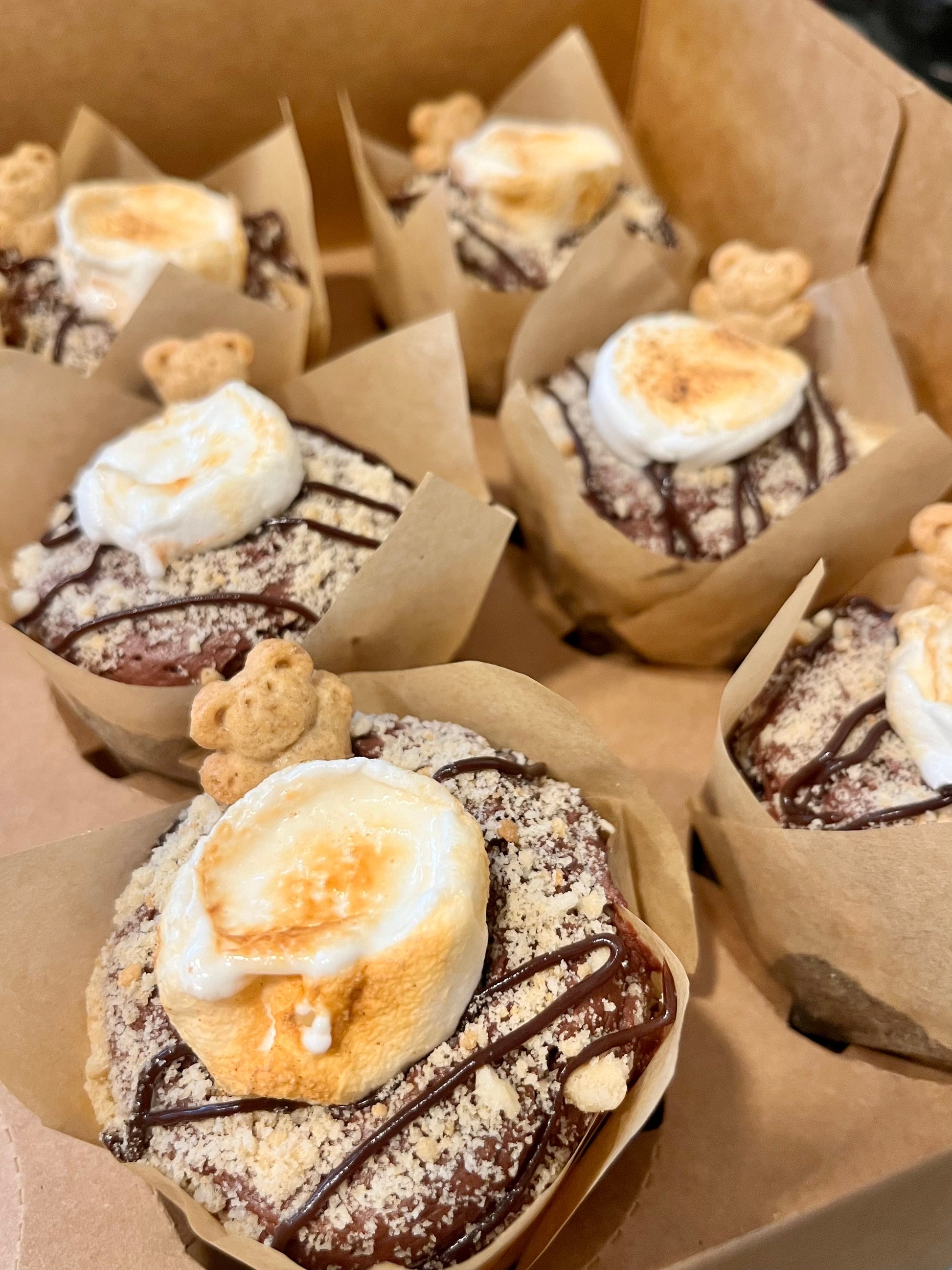 A bakers box of S’more Than A Feeling cupcake (chocolate cake, rich chocolate fudge frosting coated in gram cracker crumbs, a toasted marshmallow, chocolate fudge drizzle and a gram cracker bear).