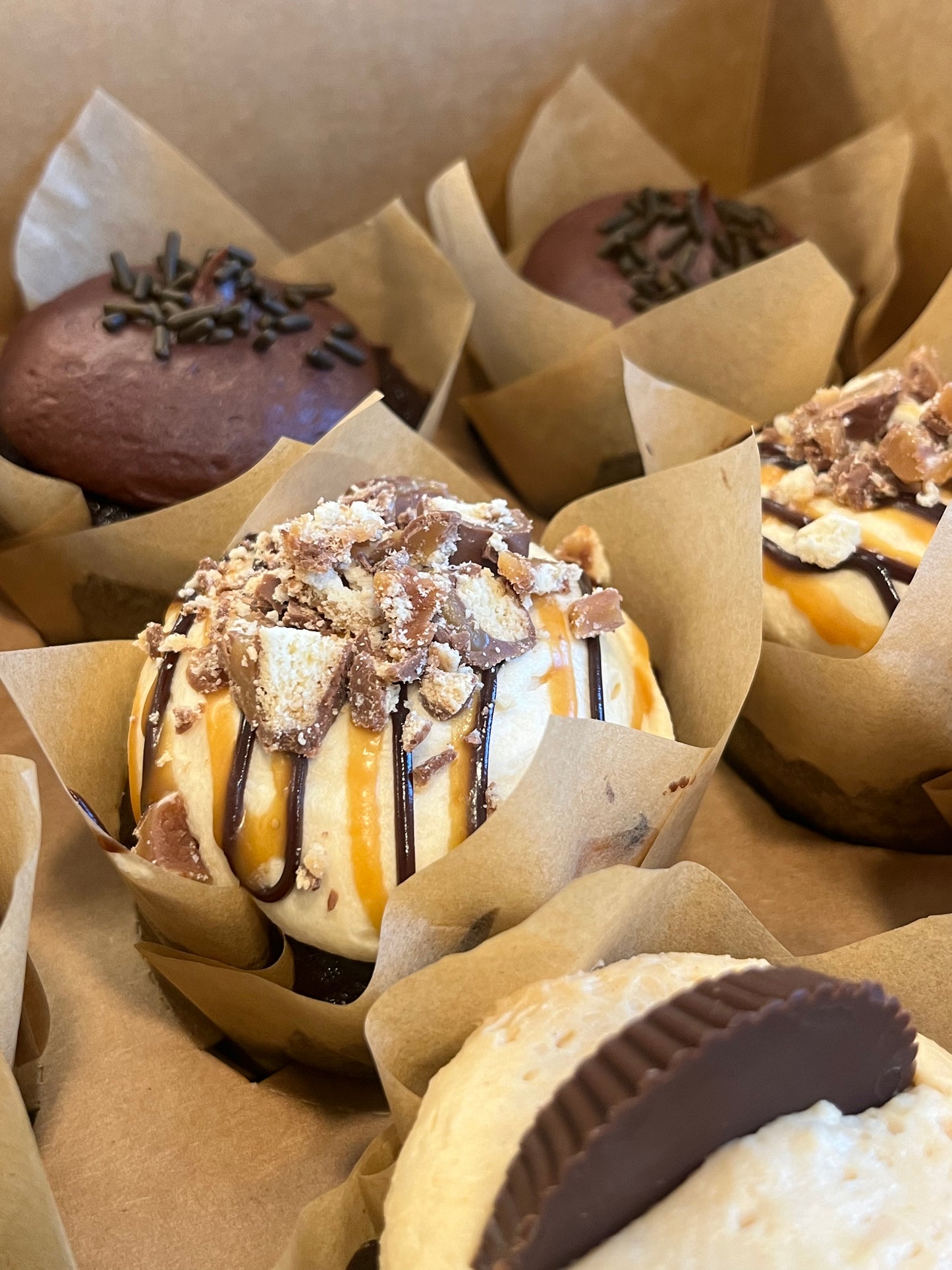 A Chocolate Salted Caramel cupcake sits in a mixed dozen box.  Also seen are a Big Pimpin' cupcake and a Chocoholic cupcake.