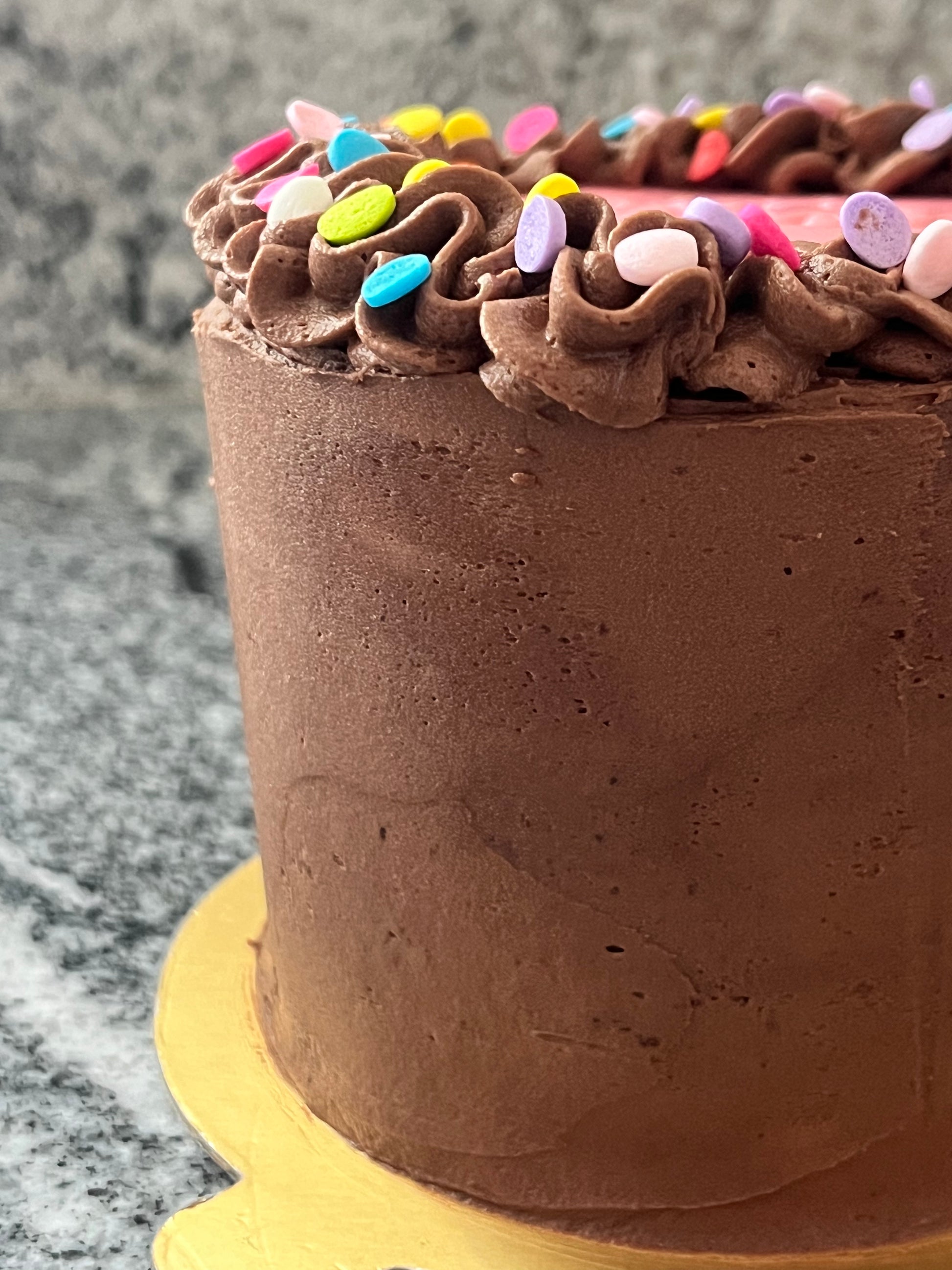 The side view of a chocolate mini cake with chocolate frosting and multi-colored confetti.