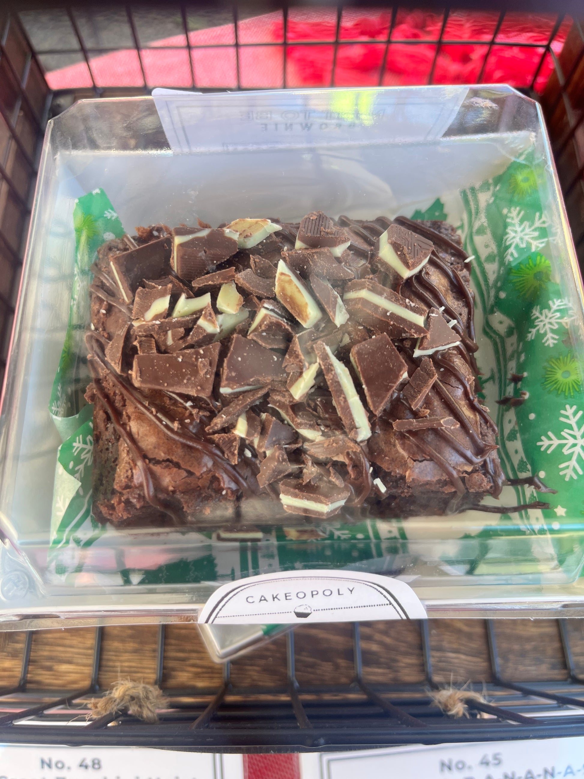 Mint To Be brownie covered in chocolate fudge and peppermint patties.