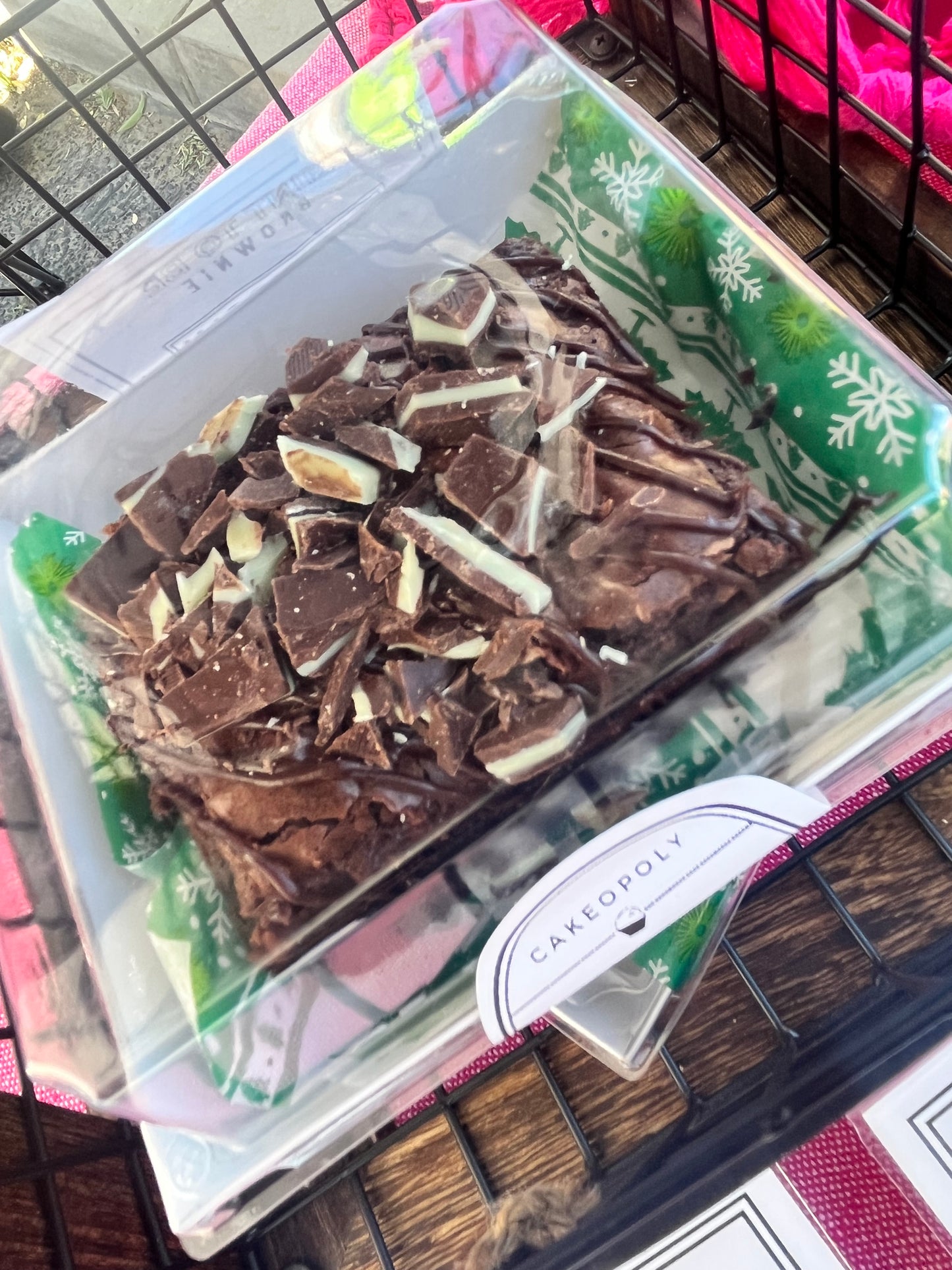 Mint To Be brownie covered in chocolate fudge and peppermint patties.