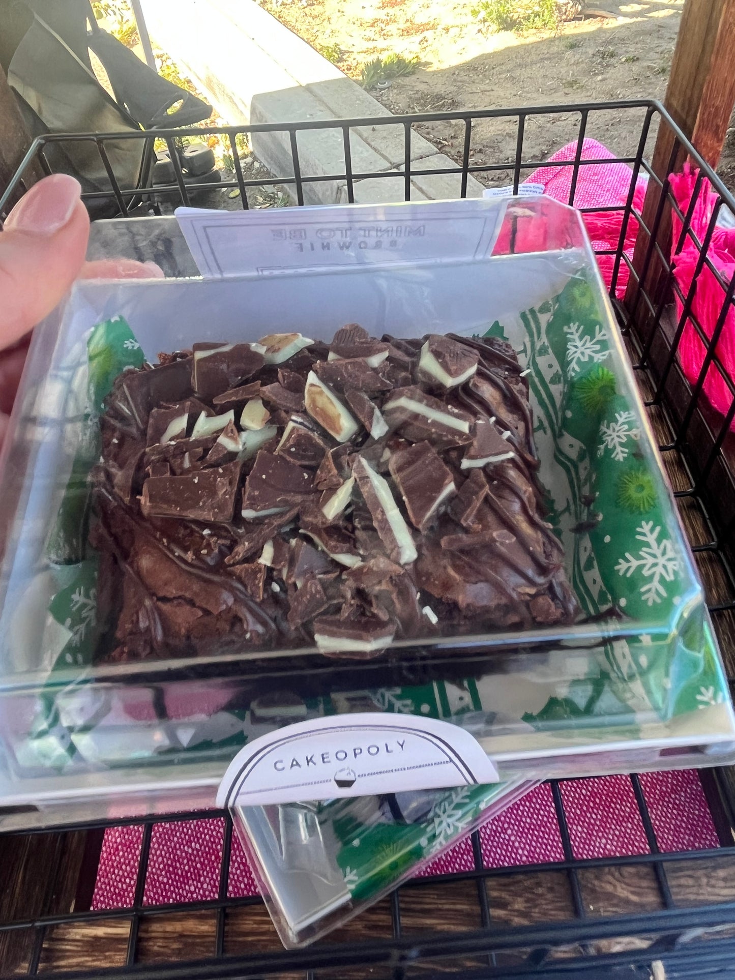 Mint To Be brownie covered in chocolate fudge and peppermint patties.