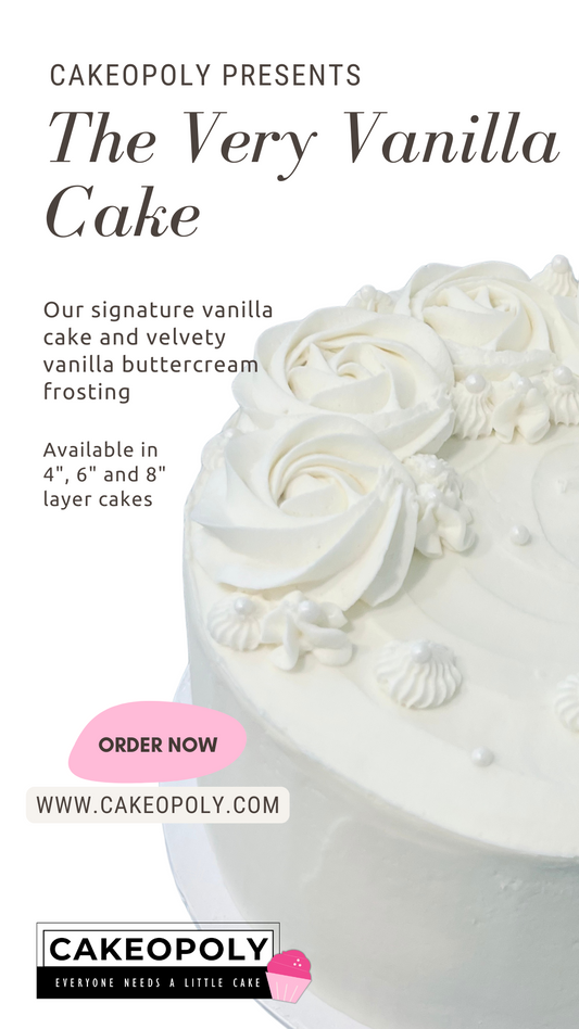 A layered vanilla cake with white frosting and decorative sprinkles perfect for him, her, a small wedding or an office celebration, presented on a white cake stand.